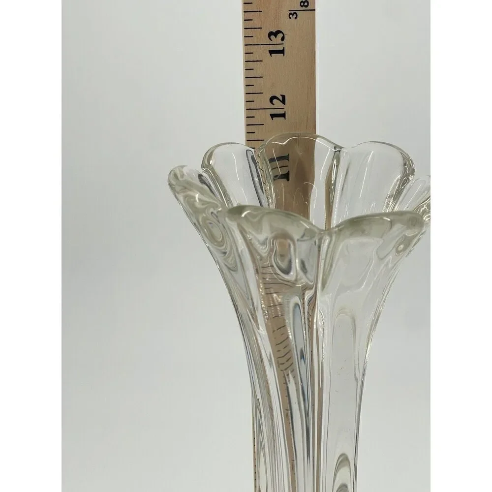 Vintage Clear Glass Swung Stretch Twist Vase Ruffle Top 11.5” Mid Century MCM